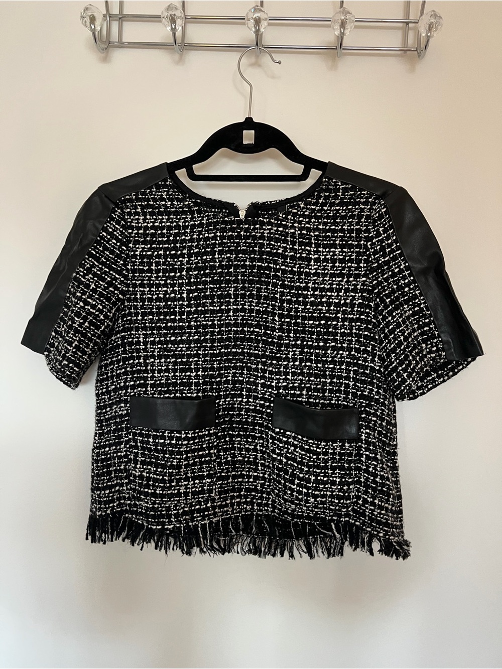 Zara Trafaluc Black & White Tweed Fringe Short Sleeve Top with Faux Leather Trim